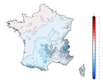 Écart à la moyenne mensuelle de référence de 1981 à 2010 de la température moyenne. © Météo-France