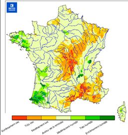 Déficit d’humidité des sols. Deuxième décade d’août 2019. © Météo-France