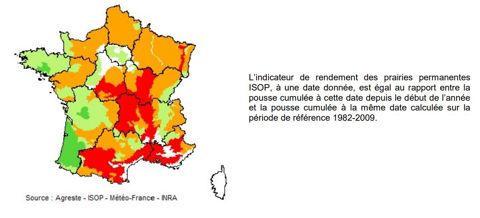 Rouge : déficit important (indicateur de rendement inférieur à 75 %), orange : déficit faible (de plus de 75 % à 90 %), vert clair : normale (de plus de 90 % à 110 %), vert foncé : excédent (plus de 110 %).