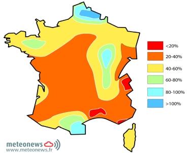Taux de précipitations pour mars 2012 par rapport à la norme 1970-2000 en France