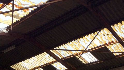 Aux pépinières Chantrier, à Mortefontaine (60), sous la violence de l'impact de la grêle, la toiture de ce hangar a été projetée au sol par petits morceaux.(c)Pépinières Chantrier Aux pépinières Chantrier, à Mortefontaine (60), sous la violence de l'impact de la grêle, la toiture de ce hangar a été projetée au sol par petits morceaux.(c)Pépinières Chantrier