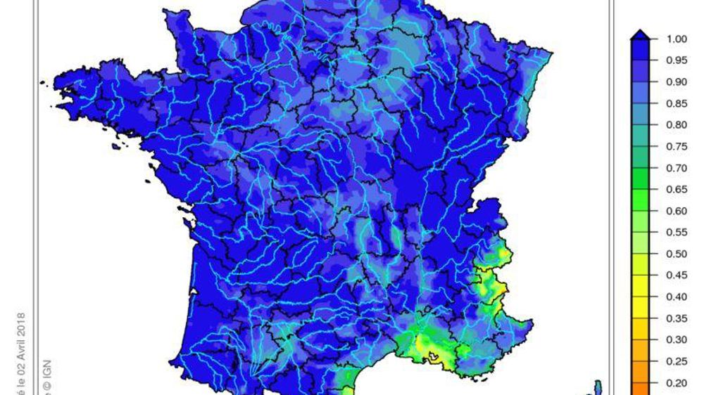 L’indice d’humidité des sols est issu de la chaîne hydro-météorologique de Météo-France. © Météo-France