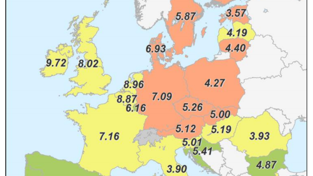 Prévision des rendements en blé tendre par pays avec comparaison avec la moyenne 2013-2017 (orange = inférieur à la moyenne, jaune = comparable à la moyenne, vert = supérieur à la moyenne). Source : prévisions Mars de la Commission européenne.