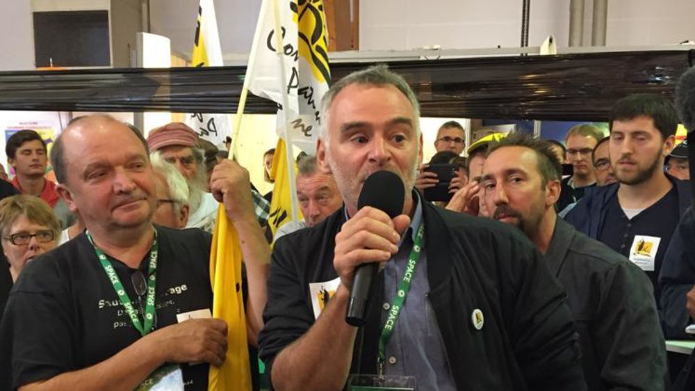 Laurent Pinatel, le porte-parole national de la Confédération paysanne ce 11 septembre 2018, sur le stand de Sodiaal au Space, à Rennes (Ille-et-Vilaine). © C. Faimali/GFA