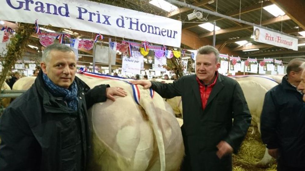 Le grand prix d’honneur en culardes a été attribué à Thierry Dufour, d’Ozolles, dans la Saône-et-Loire (à droite, son acheteur : boucherie Allamand de Cluzes, en Haute-Savoie).