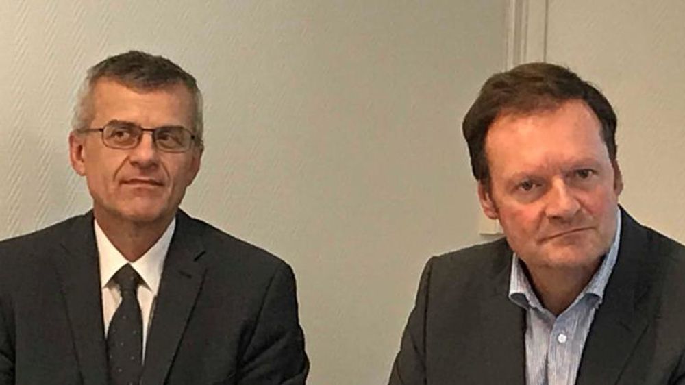 À gauche : Alain Savary, le directeur général d’Axema, et Frédéric Martin, son président, lors d’une conférence de presse le 18 octobre 2018 à Paris. © C. Le Gall/GFA