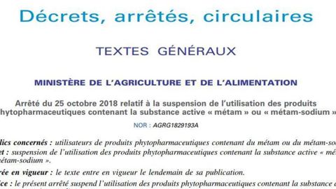 La suspension provisoire du métam-sodium est valable jusqu’au 31 janvier 2019.