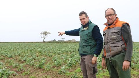 Guillaume Le Bian, ici avec son père Serge, désigne les terres où il souhaite édifier un poulailler au cœur de 12 ha de parcours. © I. Lejas Guillaume Le Bian, ici avec son père Serge, désigne les terres où il souhaite édifier un poulailler au cœur de 12 ha de parcours. © I. Lejas