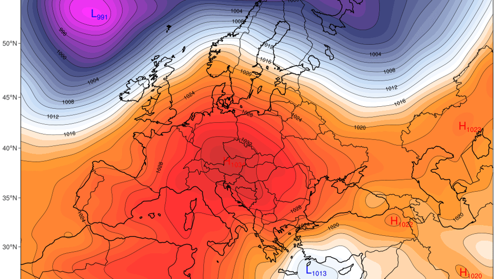 Pression réduite au niveau de la mer, en hPa, moyennée sur 5 jours, du 13 au 17 février 2019, simulation du modèle américain GFS (Global Forecast System). © Climate Reanalyzer.