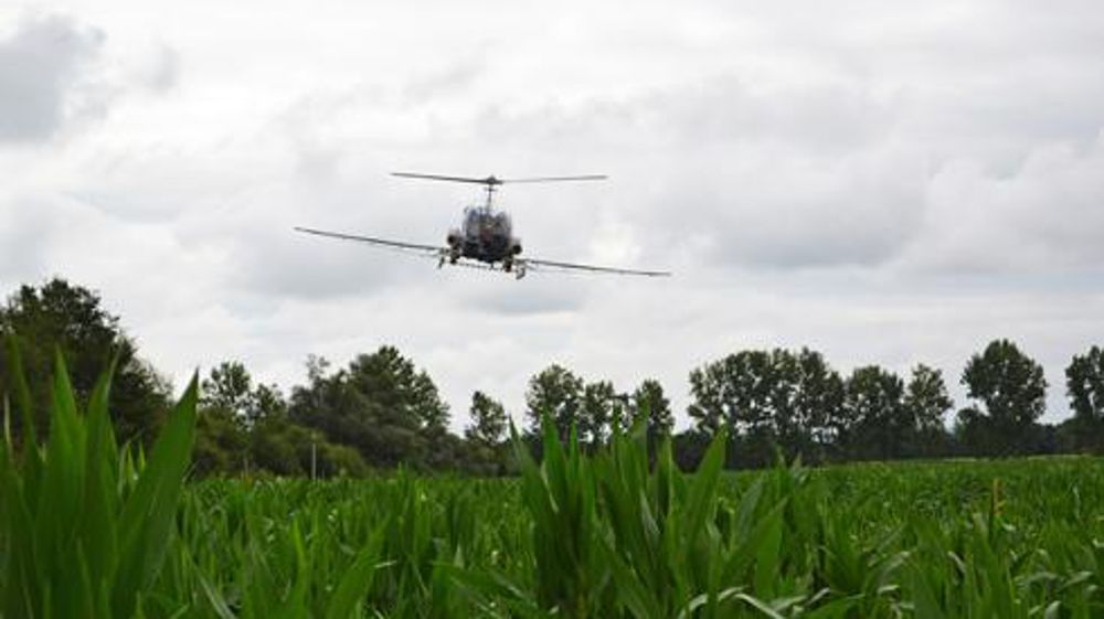 L'hélicoptère traite 30 hectares en 15 minutes. Ses rampes de distribution déposent tous les 10 mètres quatre capsules de trichogrammes, distantes de 8 mètres, soit 100 capsules par hectare. © F. JACQUEMOUD L'hélicoptère traite 30 hectares en 15 minutes. Ses rampes de distribution déposent tous les 10 mètres quatre capsules de trichogrammes, distantes de 8 mètres, soit 100 capsules par hectare. © F. JACQUEMOUD