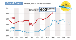 Les 600 €/1 000 l atteints semaine 36 ont été reconduits, mais pour en réalité très peu de lait d’excédent échangé (source : observatoire du prix du lait de L’Éleveur laitier, www.eleveur-laiiter.fr) Les 600 €/1 000 l atteints semaine 36 ont été reconduits, mais pour en réalité très peu de lait d’excédent échangé (source : observatoire du prix du lait de L’Éleveur laitier, www.eleveur-laiiter.fr)