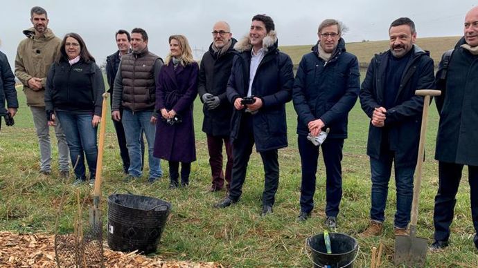 Le 18 janvier, McDonald’s, avec ses partenaires, a symboliquement planté cinq chênes sessiles sur l’EARL Barthalay pour inaugurer son nouveau programme d’agriculture régénérative. De dr. à g. : Christophe Grison, président de Valfrance, Jean-Yves Colomb, président d’Oxyane, et Dominique Chargé, président de LCA. © R. FOURREAUX