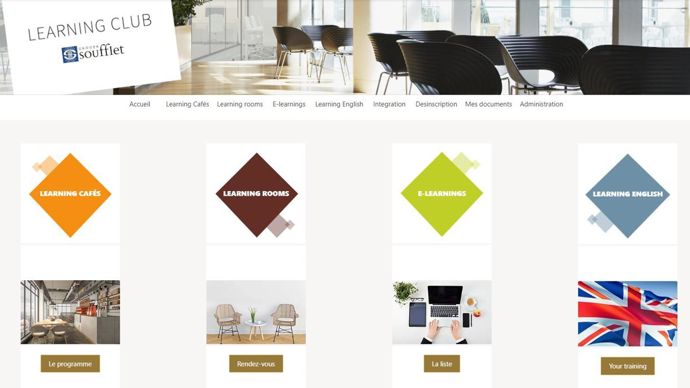 La plateforme Learning Club Soufflet propose des formations (e-learnings), des classes virtuelles (learning cafés), des coachings individuels (learning rooms) et des formations en langues (learning english).