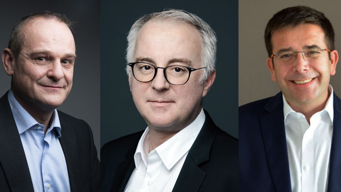 Frédéric Guillemin (à dr.) et Pierre Lipatoff (à g.) sont respectivement à la tête des pôles Blés et Autres produits de Soufflet Négoce by InVivo, la nouvelle entité dirigée par Jean-François Lépy (au centre), ancien directeur de Soufflet Négoce.