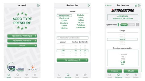 Les préconisations de pression dans l'application Agro Tyre Pressure Les préconisations de pression dans l'application Agro Tyre Pressure