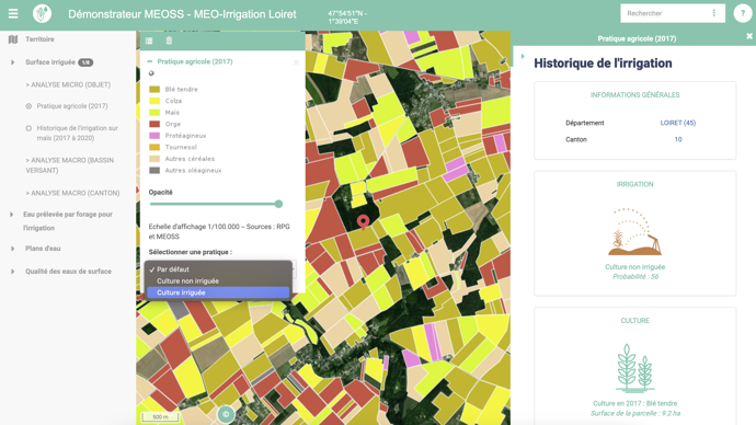 Exemple de cartographie produite par Meoss. Ici, historique d'irrigation en 2017 sur une zone du Loiret.