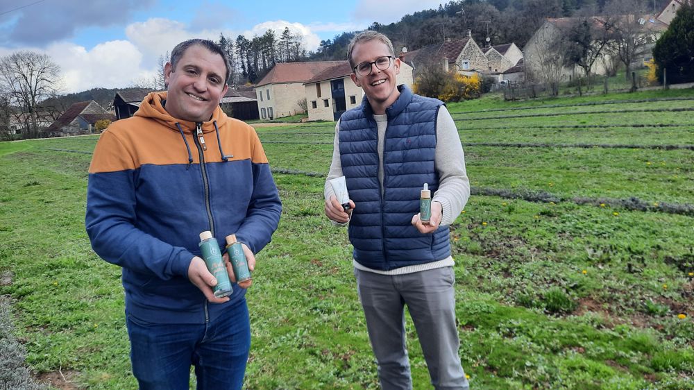 Thibault Van de Cappelle (à gauche) et Mikaël Péchery entre les lavandes et les rangs de menthe-camomille. « En croisière après quinze années d’installation, nous avions envie de nous donner un nouveau challenge. »