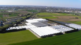 Vue aérienne des installations du Groupe Travers à Saint-Cyr-en-Val sur 50 hectares dont 12 de culture et 4,5 ha couverts.