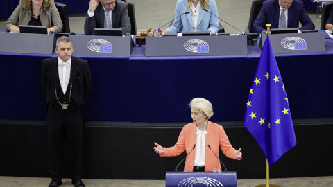 Strasbourg, le 13 septembre 2023. La présidente de la Commission européenne, Ursula von der Leyen, prononce son ultime discours sur l'état de l'Union de sa mandature actuelle. Strasbourg, le 13 septembre 2023. La présidente de la Commission européenne, Ursula von der Leyen, prononce son ultime discours sur l'état de l'Union de sa mandature actuelle.