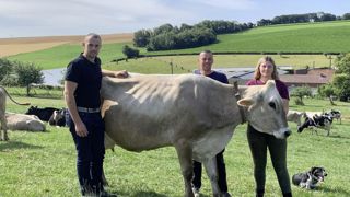 Oasis, une vache en 5ème lactation, 1ère de section à Chatillon-sur-Seine, offerte pour ses 20 ans à Rémi (à gauche), ici avec son père Emmanuel et Noémie (salariée) sont tous unanimes, « la Brune est une vache calme, curieuse, facile à travailler ». Oasis, une vache en 5ème lactation, 1ère de section à Chatillon-sur-Seine, offerte pour ses 20 ans à Rémi (à gauche), ici avec son père Emmanuel et Noémie (salariée) sont tous unanimes, « la Brune est une vache calme, curieuse, facile à travailler ».