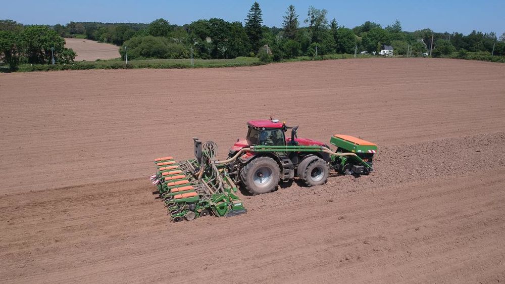 Le châssis du semoir, avec ses huit éléments monograines, est directement fixé à la herse, sans relevage intermédiaire, ce qui limite le porte-à-faux.