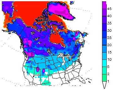 Epaisseur de neige au 5 janvier 2013 au nord des Etats-Unis.