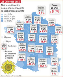 Rendement des cultures de tournesol en 2023 en France et son évolution par rapport à 2022