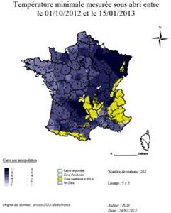 Température minimale mesurée sous abri entre le 01/10/2012 et le 15/01/2013.