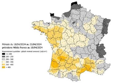 Rayonnement quotidien global minimal annoncé en calcm pour la période du 18 au 25 avril 2024
