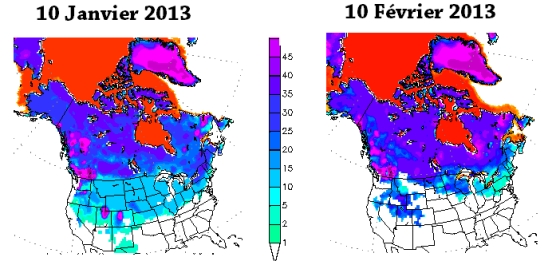 Epaisseur de neige au 10 janvier 2013 et 10 février 2013 sur le Nord des Etats-Unis cette année.