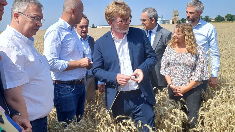 Marc Fesneau était en visite dans une exploitation céréalière d'Eure-et-Loir, lundi 29 juillet 2024, pour constater les dégâts des conditions météorologiques défavorables sur le rendement et la qualité des céréales françaises.