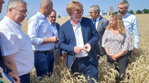 Marc Fesneau était en visite dans une exploitation céréalière d'Eure-et-Loir, lundi 29 juillet 2024, pour constater les dégâts des conditions météorologiques défavorables sur le rendement et la qualité des céréales françaises. Marc Fesneau était en visite dans une exploitation céréalière d'Eure-et-Loir, lundi 29 juillet 2024, pour constater les dégâts des conditions météorologiques défavorables sur le rendement et la qualité des céréales françaises.