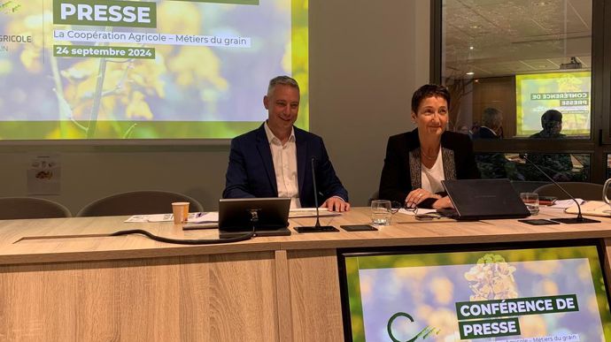 Antoine Hacard et Catherine Matt, président et directrice de La Coopération agricole Métiers du grain, mardi 24 septembre, à Paris.