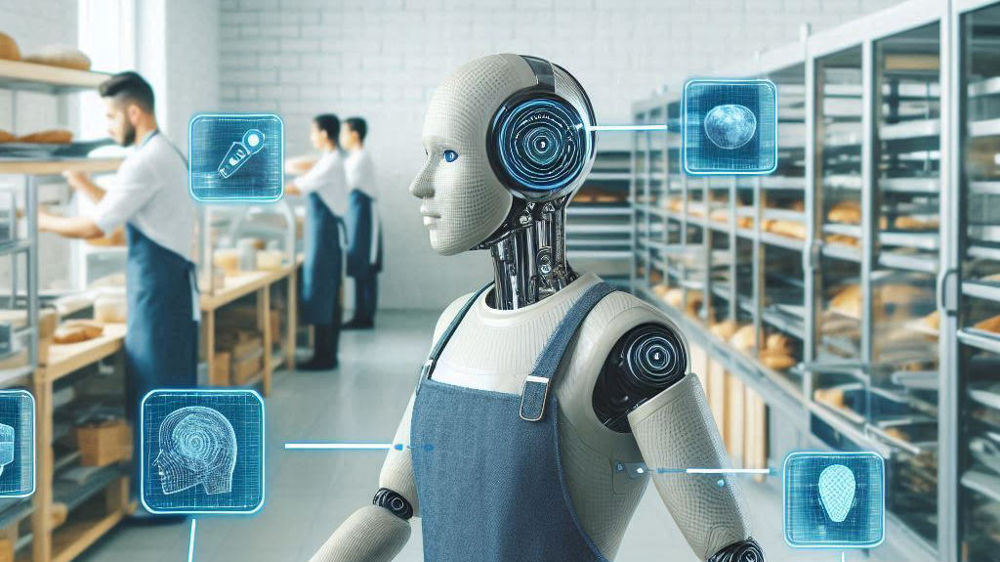 Image créée par l’IA de Bing avec le prompt : “Utilisation de l'intelligence artificielle dans un atelier de boulangerie. Caisse enregistreuse, plateaux de pain, fours professionnels, pétrin professionnel.”