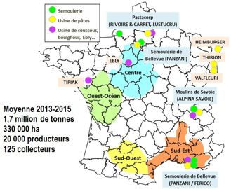 La filière française de blé dur en 2017 (bassins de production et industries de transformation)