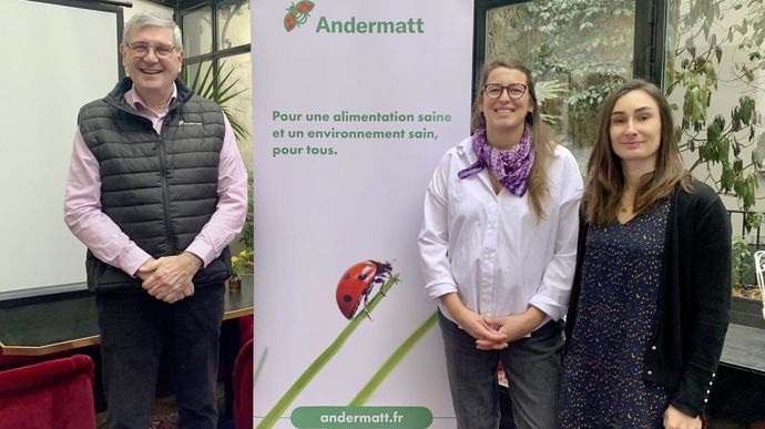 Alain Querrioux, directeur général d’Andermatt, Clémence Cantau, responsable marketing et communication, et Ludivine Manoury, chef marché soins des cultures, ont présenté l'ambition d'Andermatt pour les cinq prochaines années, jeudi 23 janvier, à Paris.