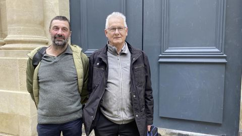 Raymond Girardi et Frédéric Mazer du Modef, à la sortie de leur réunion avec le Premier ministre et la ministre de l’Agriculture, le 20 février 2025.
