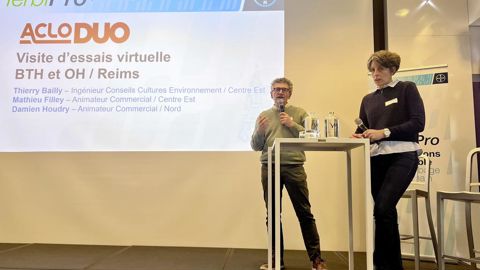 Thierry Bailly, ingénieur conseil cultures environnement pour le Centre-Est, et Magalie Devavry, responsable technique chez Bayer, ont présenté Aclo Duo, un nouvel herbicide céréales, à l'occasion du colloque HerbiPro, mercredi 26 février, à Paris.