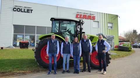 De gauche à droite,  Emmanuel, Rémi et Magalie Nemesin les dirigeants de Collet,Pierre Ledure, directeur Claas Est et Thibaut Hirat, responsable commercial de Collet se réjouissent de leur nouvelle collaboration.