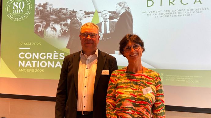 Christian Cordonnier, président du Dirca, et Julie Demay, déléguée générale de cette organisation professionnelle pour les cadres dirigeants de la coopération agricole, lors de leur congrès à Angers, samedi 17 mai.
