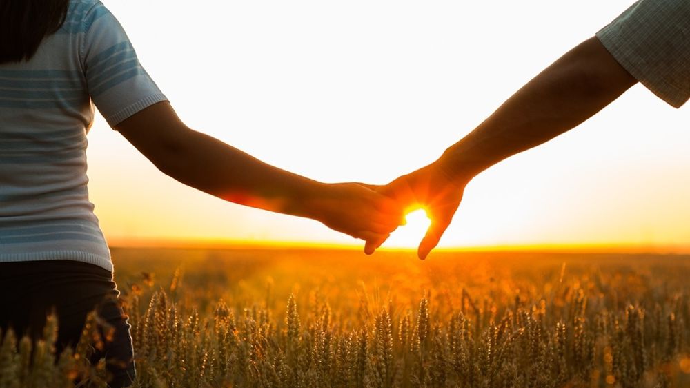Couple d'agriculteurs dans un champ de blé