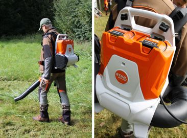 &nbsp;Le tout nouveau souffleur &agrave; batterie BRA 280 B avec sa turbine sur le c&ocirc;t&eacute;. Il fonctionne avec une ou deux batteries. (&copy;Mat&eacute;riel et Paysage)
