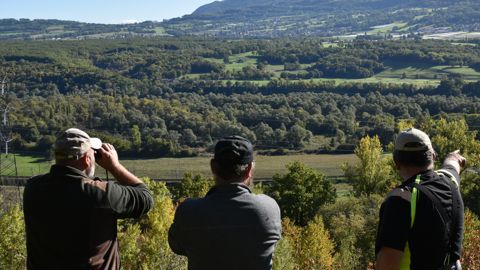 Michel Carlod, Hervé Henzer et Nicolas Pharisa observent la réserve de chasse de l'Étournel, une zone humide qui s'étend sur quatre communes de l'Ain et de la Haute-Savoie.