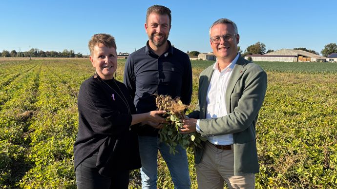 Valérie Arrignon, administratrice Océalia, Mickaël Bertrand, coordinateur filières maïs popcorn et cacahuètes, et Guillaume Lamy, directeur général de Menguy’s, jeudi 16 octobre à Sablonceaux, à l'occasion de la première récolte des cacahuètes picto-charentaises. Valérie Arrignon, administratrice Océalia, Mickaël Bertrand, coordinateur filières maïs popcorn et cacahuètes, et Guillaume Lamy, directeur général de Menguy’s, jeudi 16 octobre à Sablonceaux, à l'occasion de la première récolte des cacahuètes picto-charentaises.