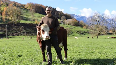 « Nous avons eu la chance de garder nos élèves, dont celle-ci qui vient de vêler », présente François Pernet, éleveur à Faverges en Haute-Savoie, qui a baptisé son veau « Avenir ».