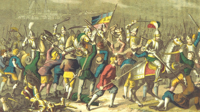 À la fin de l’année 1525, la révolte des paysans est matée des deux côtés du Rhin. En illustration, la bataille de Frankenhausen (Allemagne), le 25 mai 1525.