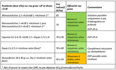 Exemples de solutions de postlev&eacute;e, &agrave; appliquer en relais de la pr&eacute;lev&eacute;e sur de tr&egrave;s jeunes ray-grass &ndash; produit, dose/ha