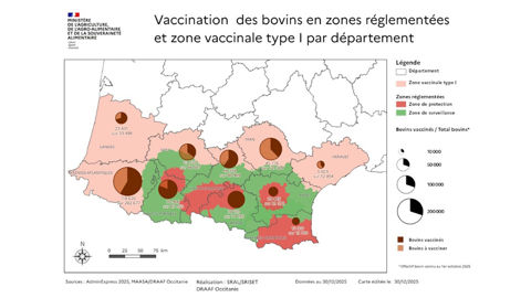 Carte du pourcentage de vaccination contre la dermatose nodulaire contagieuse dans les sud-ouest de la France.