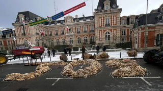 À l’appel de la FDSEA, de Jeunes Agriculteurs et de la Fédération des producteurs de lait, des agriculteurs ont tracé un SOS devant la préfecture de Chaumont avec de la laine en guise d'hommage symbolique aux animaux tués par le loup dans le département de la Haute-Marne.