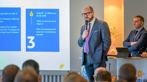 Charles Descamps, nouveau directeur général de la Sica Nord céréales, lors de l'assemblée générale du 5 décembre 2025 à Coudekerque-Branche (Nord).